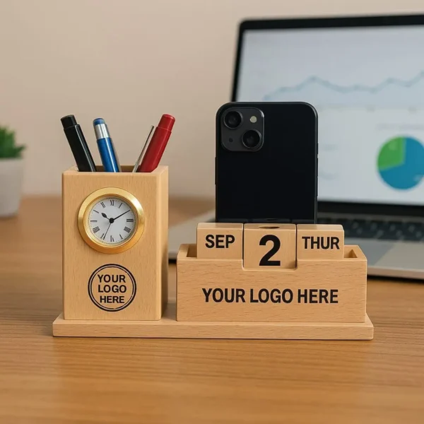 Wooden Desk Organizer with Clock and Calendar